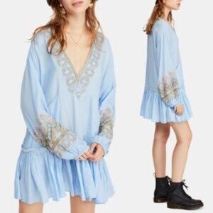 NWT Free People Wild One Embroidered Dress in blue skies